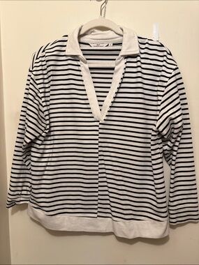 Vineyard Vines Black & White Striped V-Neck Polo Sweater